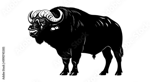 Large Black Bull with Horns Standing.