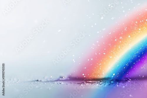 Rainbow arcing over a blurred, glistening surface, with simulated falling particles