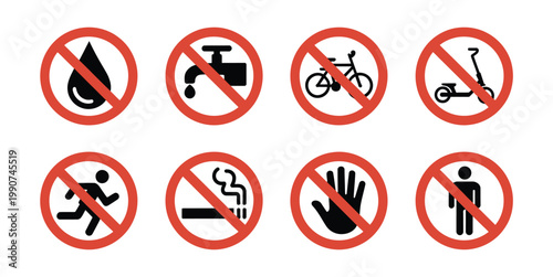 Prohibition signs vector illustration showing restricted activities safety warning symbols and forbidden action communication design