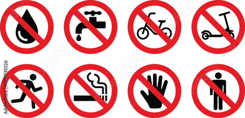 Prohibition signs icon design for various restricted activities safety regulation warning and forbidden symbol illustration