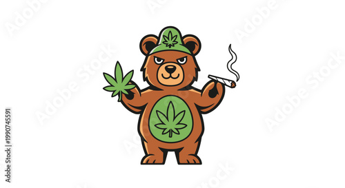 Stoner Bear Mascot Vector Illustration, Cannabis Enthusiast Character Holding Marijuana Leaf and Joint for Weed Brand Identity and Apparel Design