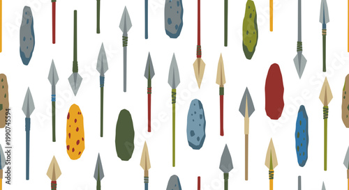 Stone Age Spearheads and Flint Tools Seamless Pattern Vector Illustration for Prehistoric History Education or Archaeological Museum Background Design