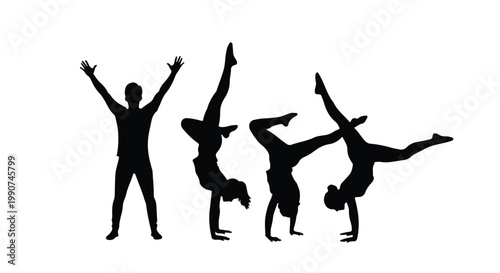 Group of people performing various acrobatic poses with acrobatics, movements