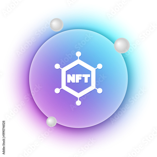 White NFT blockchain technology icon isolated on white background. Non fungible token. Digital crypto art concept. Blue and purple gradient circle background. Vector