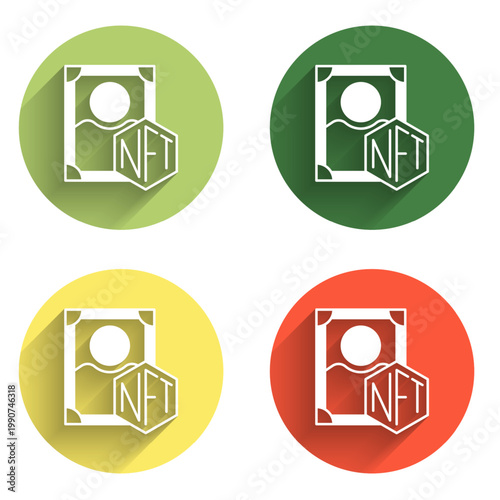 Set NFT Digital crypto art icon isolated with long shadow background. Non fungible token. Color circle button. Vector