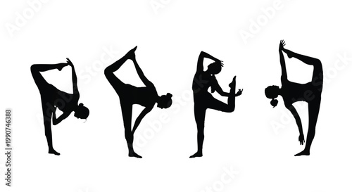 Four silhouettes of yoga poses in a row with silhouettes stretching exercise