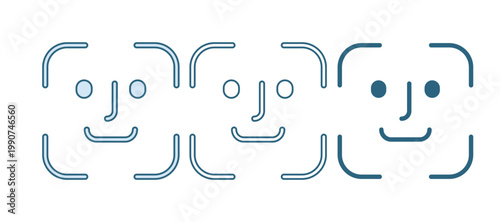 Blue Face recognition icon isolated on white background. Face identification scanner icon. Facial id. Cyber security concept. Vector