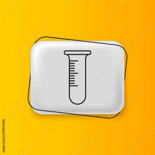 Black Test tube and flask icon isolated on yellow background. Chemical laboratory test. Laboratory glassware. Silver rectangle button. Vector
