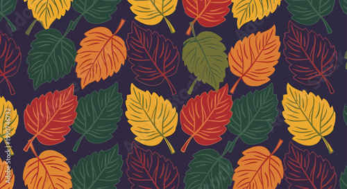 A repeating pattern of multicolored autumn leaves on a dark background