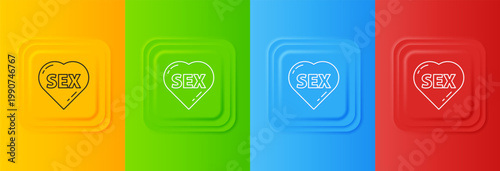 White Heart with text Sex icon isolated on colorful background. Adults content only icon. Set icons in square buttons. Vector