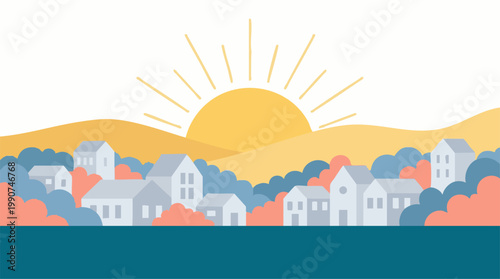 Flat design illustration of a tranquil village with sunrise over hills