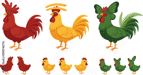 Unique Cartoon Roosters with Colorful Feathers and Fun Poses for Farmyard Illustrations and Cute Animal Designs