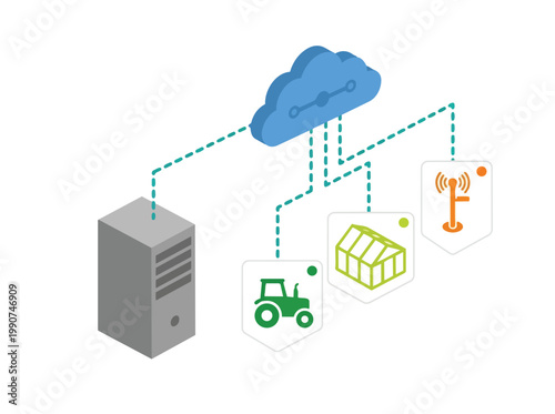 Isometric illustration of smart agriculture technology connecting a tractor, greenhouse, and cell tower to the cloud