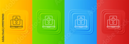 White Cross on the laptop screen icon isolated on colorful background. Set icons in square buttons. Vector