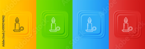 White Burning candle in candlestick icon isolated on colorful background. Cylindrical candle stick with burning flame. Set icons in square buttons. Vector