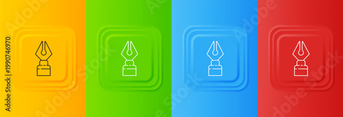 White Fountain pen nib icon isolated on colorful background. Pen tool sign. Set icons in square buttons. Vector