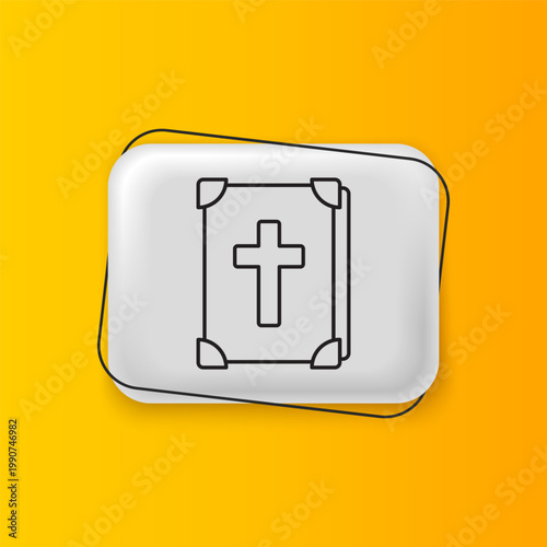 Black Holy bible book icon isolated on yellow background. Silver rectangle button. Vector