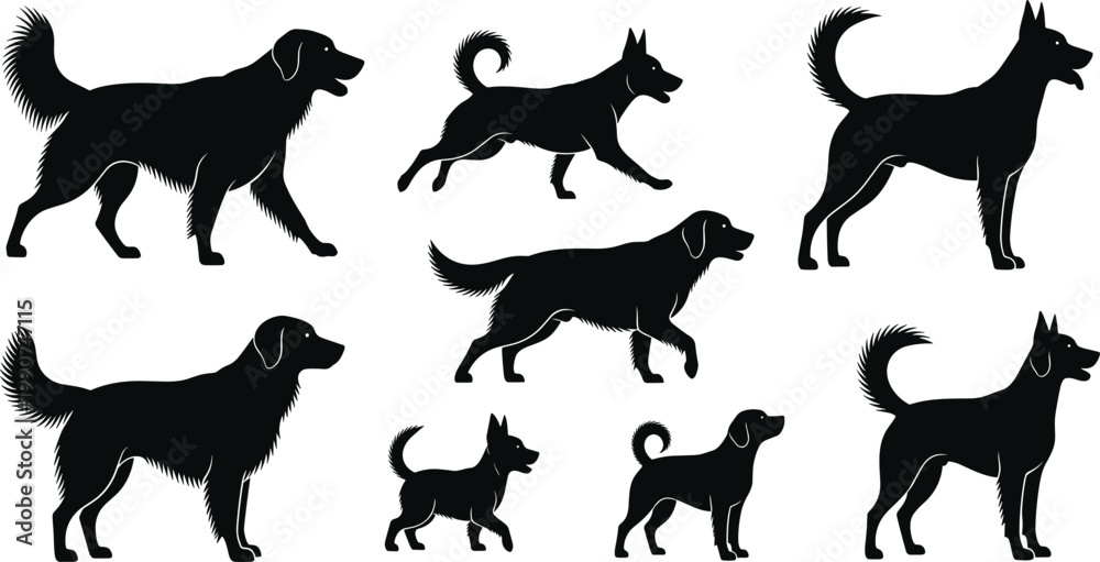Obraz premium Dog Silhouette Set with Various Breeds and Poses Representing Domestic Animals, Pets, and Canine Collection in Vector Illustration