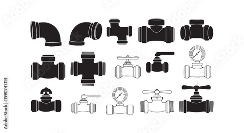 Plumbing pipes and fittings set, various pipe joints, elbows, and valves for water systems.