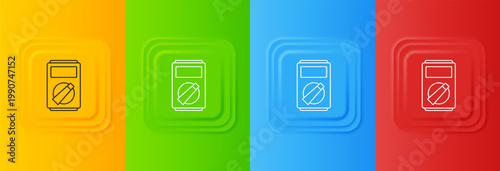 White Ampere meter, multimeter, voltmeter icon isolated on colorful background. Instruments for measurement of electric current. Set icons in square buttons. Vector