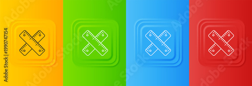 White Crossed ruler icon isolated on colorful background. Straightedge symbol. Set icons in square buttons. Vector