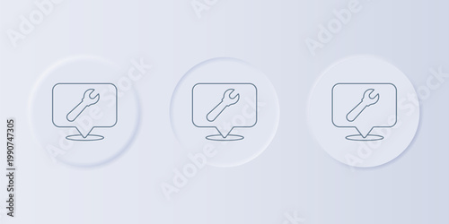 Grey Location with wrench spanner icon isolated on grey background. Adjusting, service, setting, maintenance, repair, fixing. Set icons in square buttons. Vector