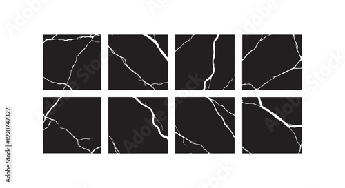 Set of eight cracked square black textures with white lines for background and design elements.