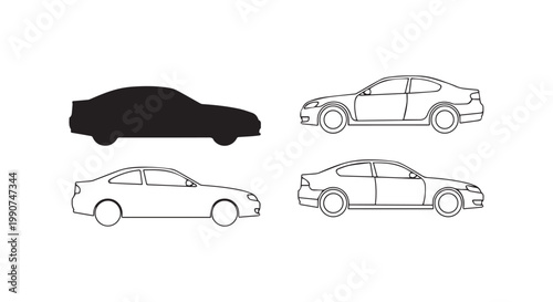 Set of car illustrations showing a black silhouette and three outline drawings of modern vehicles.