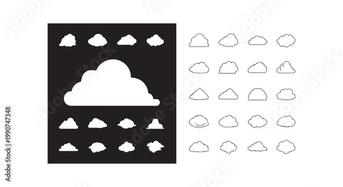 Set of cloud shapes in different styles, weather elements and atmospheric icons for design.