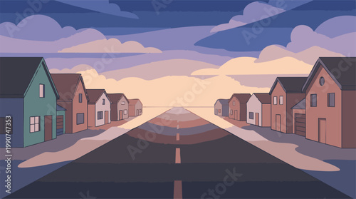 Colorful cartoon suburban street with houses at sunset or sunrise