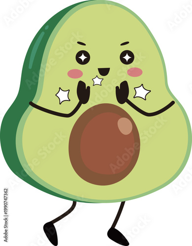 Cute Excited Avocado Mascot Character with Starry Eyes and Sparkling Face