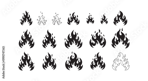 Set of fire flames collection, various styles of black and white burning symbols, hot icons, fire hazard element.