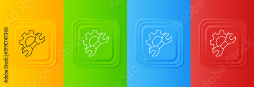 White Wrench spanner and gear icon isolated on colorful background. Adjusting, service, setting, maintenance, repair, fixing. Set icons in square buttons. Vector