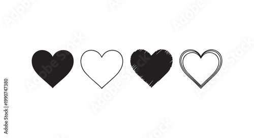 Set of four black heart icons in different artistic styles for romantic design projects and wedding decoration celebrations.
