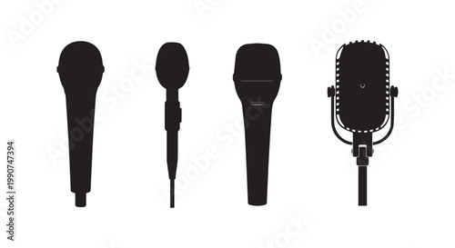 Set of four microphone silhouettes, dynamic microphones, condenser microphone, ribbon microphone vector illustration.