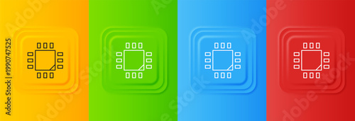 White Computer processor with microcircuits CPU icon isolated on colorful background. Chip or cpu with circuit board. Micro processor. Set icons in square buttons. Vector