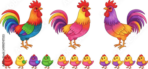 Vibrant Cartoon Roosters in Rainbow Colors with Chicks for Colorful Farmyard Illustrations and Fun Animal Designs