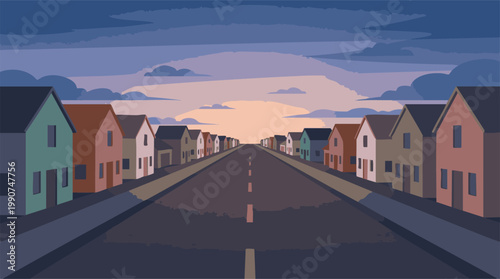 Minimalist vector illustration of a quiet suburban street at sunset
