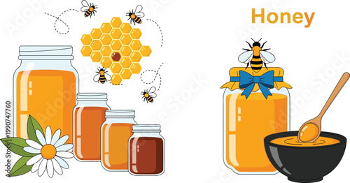 Honey Jars with Bees, Honeycomb, and Dipper Bowl Representing Natural Organic Sweet Food and Beekeeping Concept in Vector Illustration