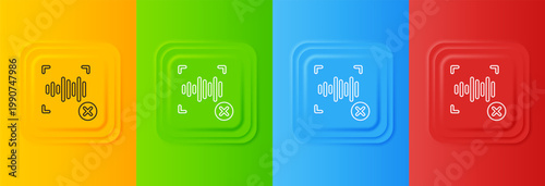 White Rejection voice recognition icon isolated on colorful background. Voice biometric access authentication for personal identity recognition. Set icons in square buttons. Vector