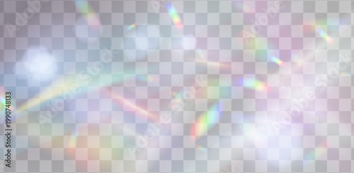Rainbow light prism effect, transparent background. Holographic reflection, crystal flare leak overlay, abstract iridescent glow texture for creative design projects.