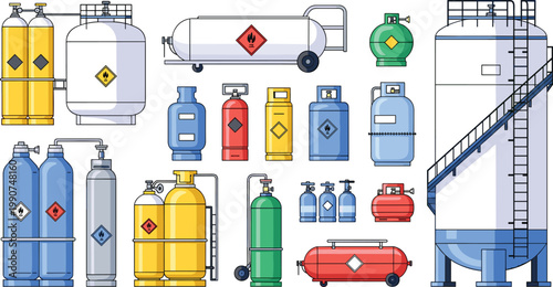 Collection of industrial gas cylinders storage tanks and pressure vessels with hazard symbols isolated on white background for energy chemical and manufacturing industry design projects