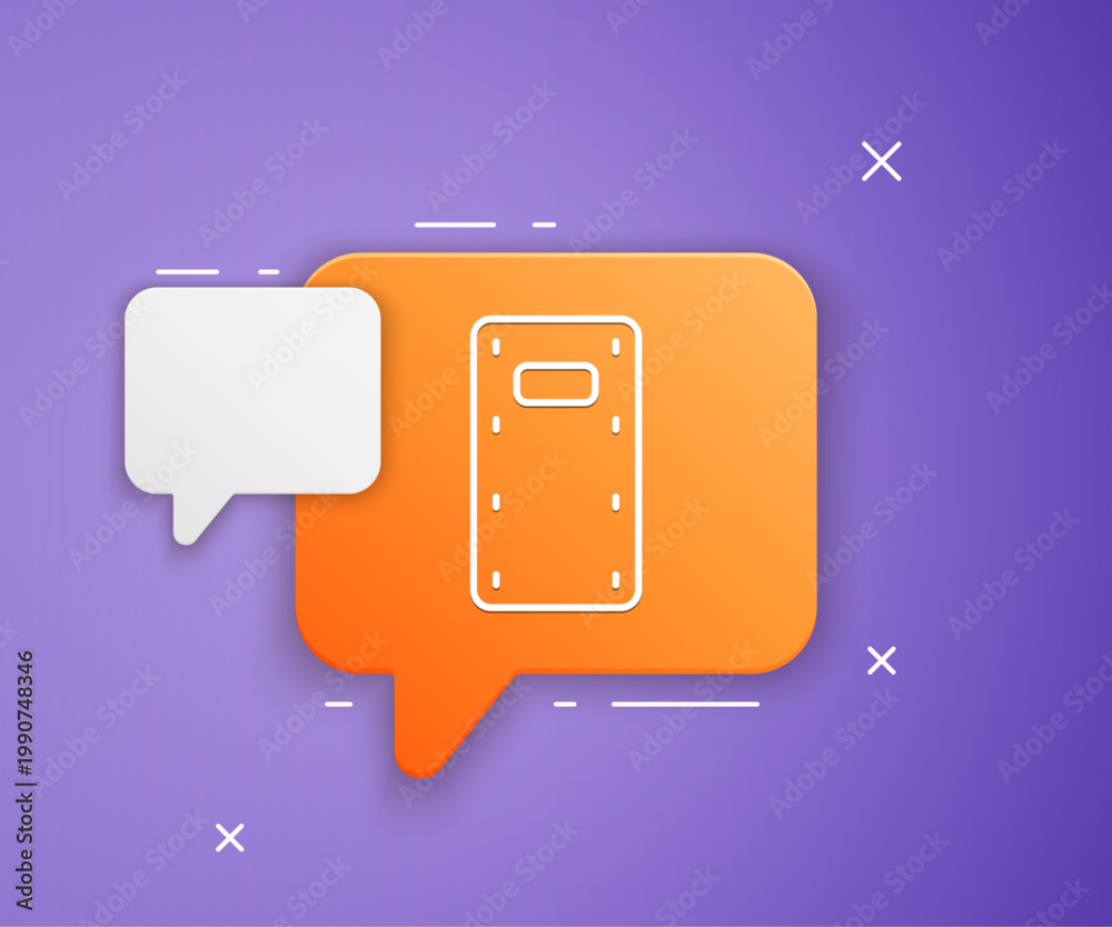 Obraz premium White Military assault shield icon isolated on purple background. Orange speech bubble symbol. Vector