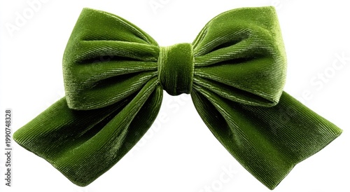 Lush green velvet bow with soft folds, elegant and ornate, isolated on white