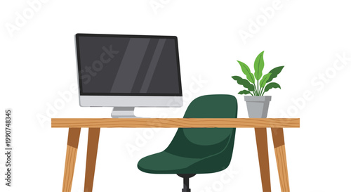A sleek and minimalist office arrangement features a sturdy wooden desk with a dark green ergonomic chair in a bright room with a modern monitor setup.