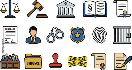 Flat vector icon set of law and justice elements. Ideal for legal, court, and law firm themes.