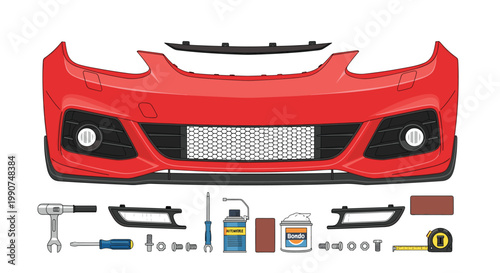 A vibrant red automotive bumper is displayed alongside a comprehensive set of professional repair tools in a bright garage for meticulous maintenance.