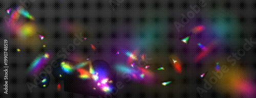 Vibrant rainbow light particles, dark background. Colorful sparkles, holographic effect, abstract glow overlay, festive atmosphere.