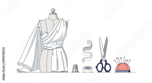 A professional tailoring station showcases a classic dressmaker mannequin draped in white fabric in a bright studio next to sharp shears and tools.