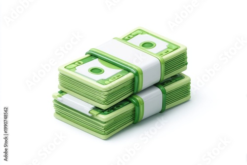 Stacked bundles of green currency, neatly banded, on a stark white background